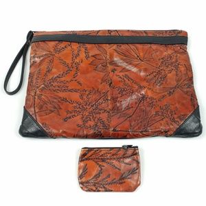 Large Leather Wristlet Clutch OOAK Tooled Leaf USA